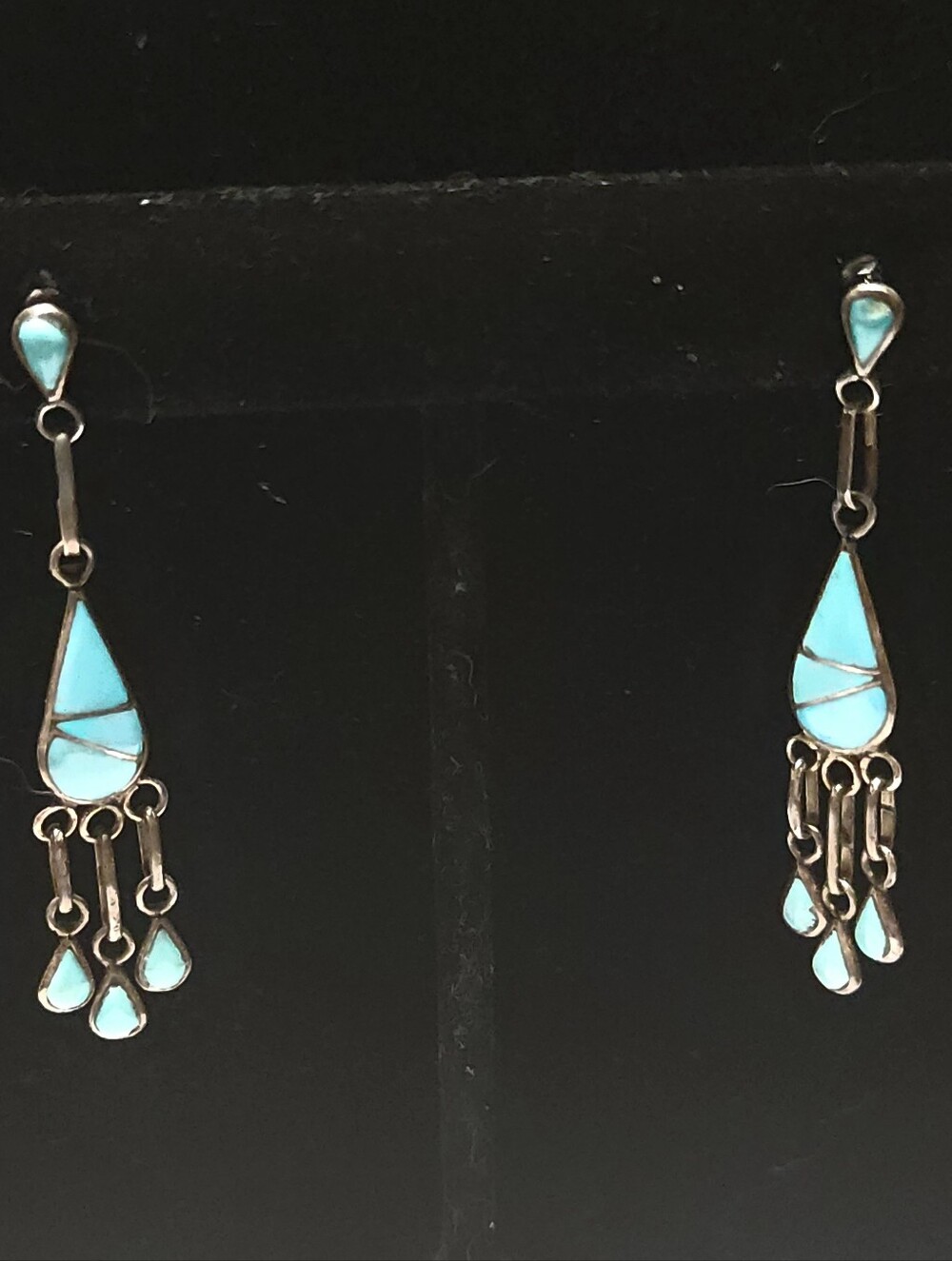 Zuni Sterling Silver Turquoise Inlay Dangle Earrings Signed DRL David Lucio